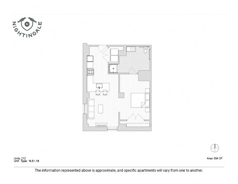 Floor plan for studio, 1 bath, 694 sqft